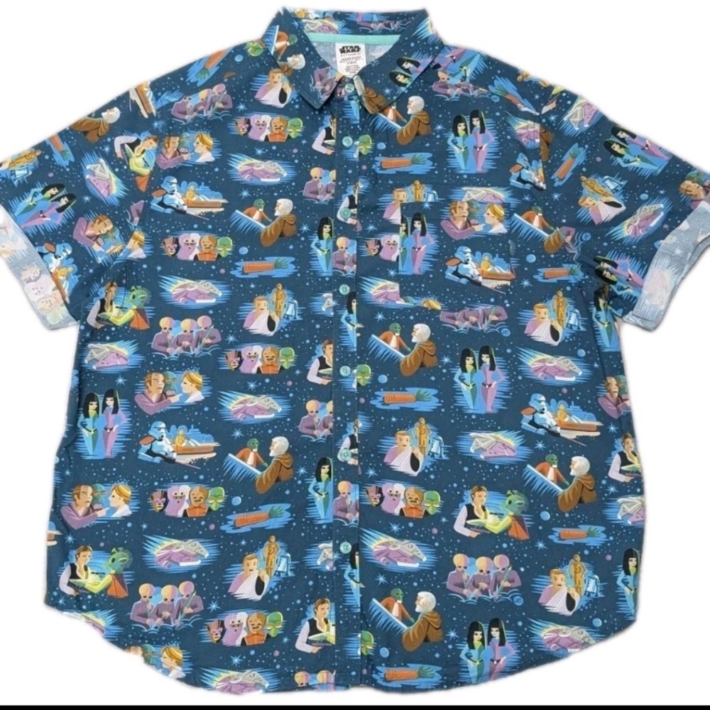 Star Wars Disney Button Up Shirt Men M All Over Print Lucasfilm Blue